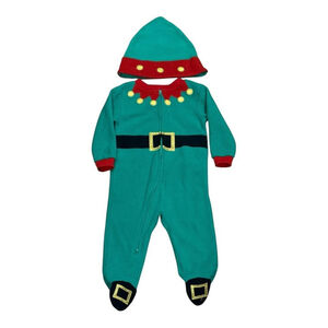 Christmas Elf Fleece Footed Sleeper Pajamas Infant 6-9 Months Green Red Hat Zip